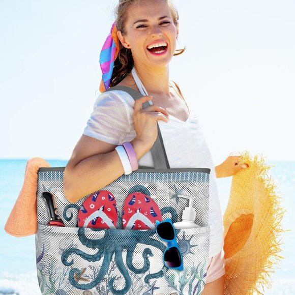 Large Octopus Patterned 7 Pocket Mesh Sand-Proof Beach Bag - Picture 2 of 5